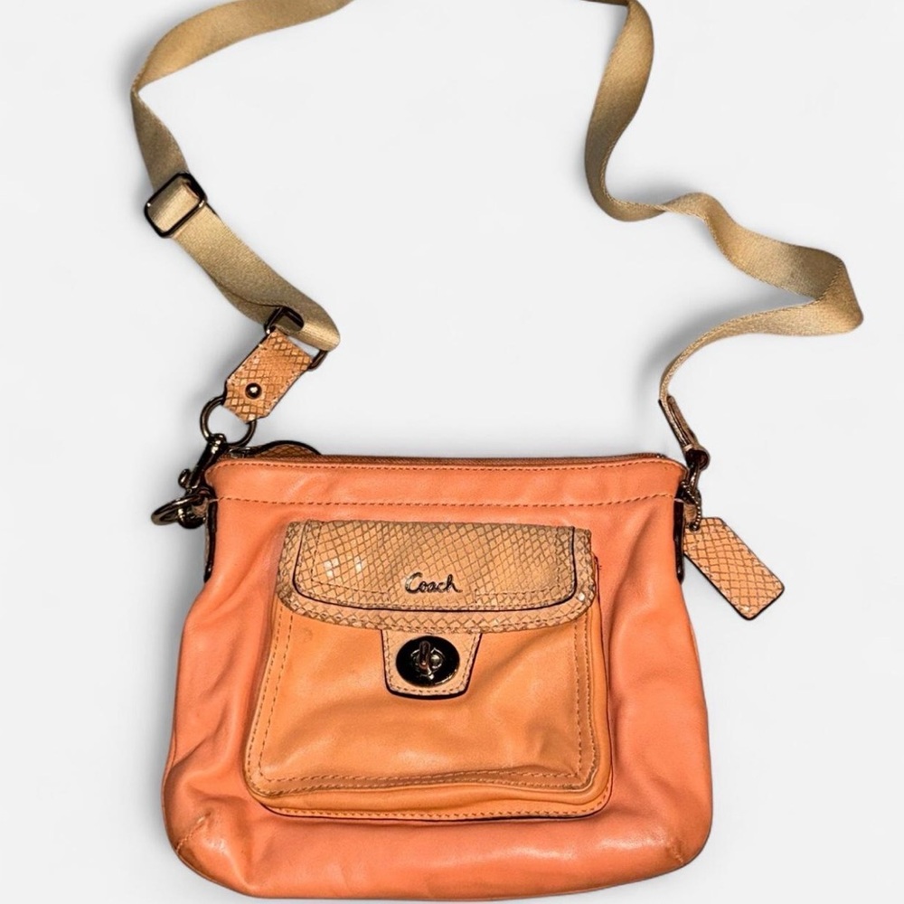 Coach Peach-Orange Leather Crossbody Bag with Canvas Strap